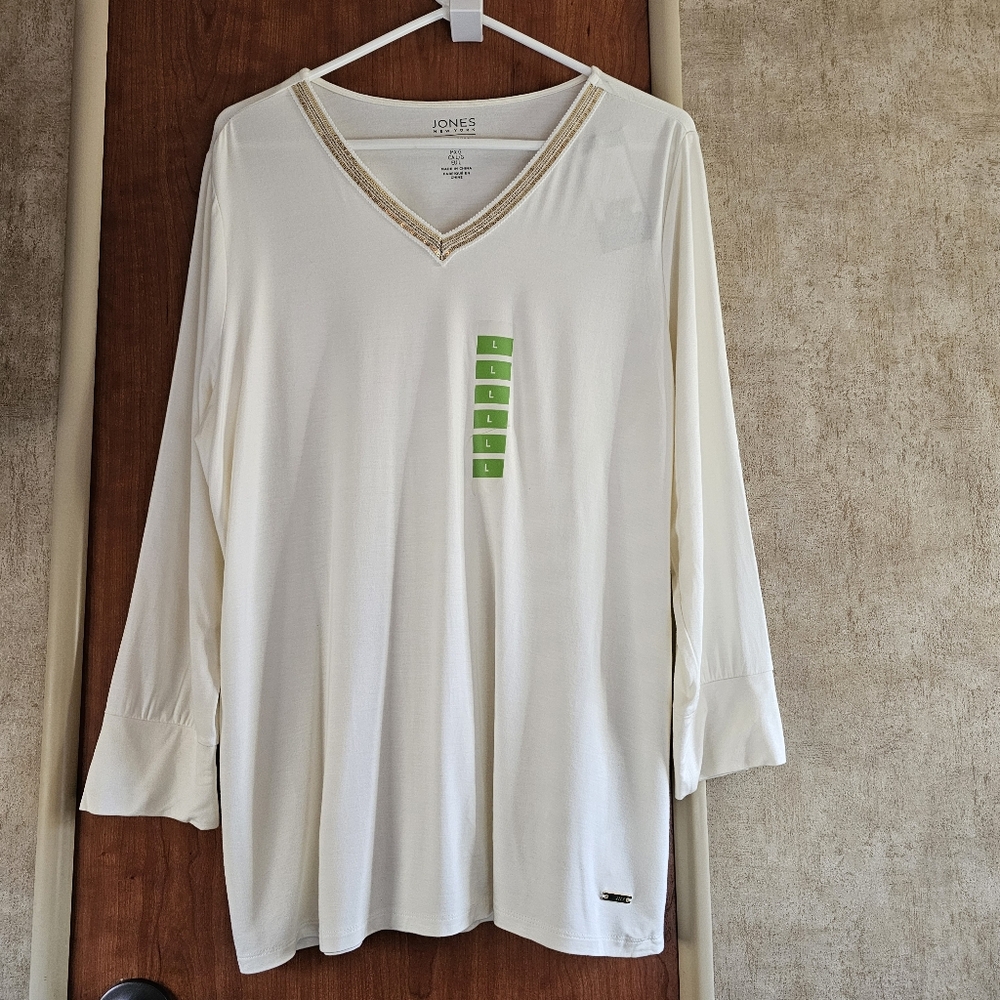 🔥 Jones New York Signature 3/4 Sleeve V-Neck Tee Ivory Size Large